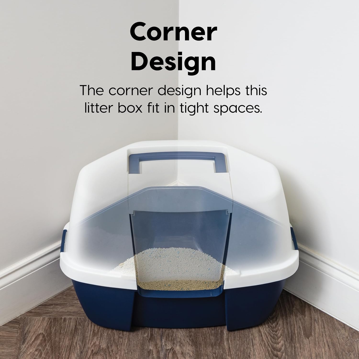 Corner Cat Litter Box Enclosure, Small Cat Litter Box with Lid, Corner Litter Box Enclosure for Kittens to Medium Sized Cats, Odor Defensive, Navy/White